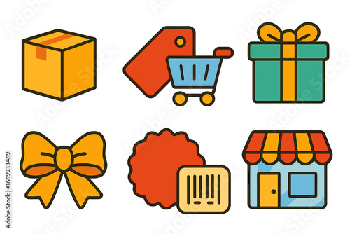 Colorful Product Icons Grid. Flat vector mini-illustrations Product showcase Instagram grid in colors children’s illustrations: