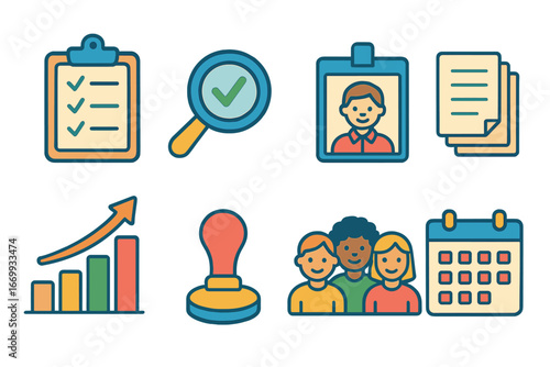 Colorful Quality Audit Icons. Flat vector mini-illustrations Quality audit oversight in colors children's illustrations: clipboard