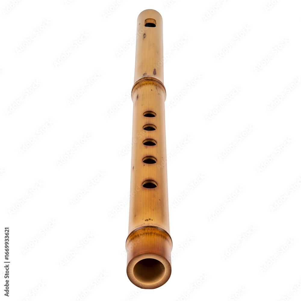Naklejka premium Bamboo Flute Sits Vertically on Transparent Background Showing Holes and Details, Musical Instrument, Traditional, Woodwind Instrument, Asian Culture