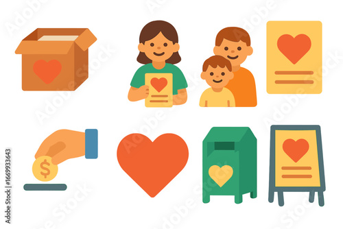 Community Charity Icons. Flat vector mini-illustrations Community outreach and donation collection in colors children's