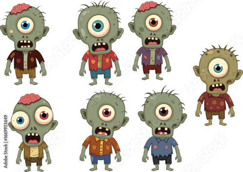 Cartoon zombie characters with one-eyed and two-eyed designs, exposed brains, tattered clothes, green skin, Halloween horror illustration set, vector monsters