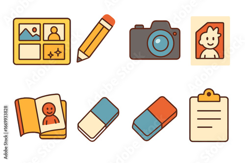 Creative Tools & Teamwork. Flat vector mini-illustrations Mural creation crew in colors children's illustrations: ladder, paint