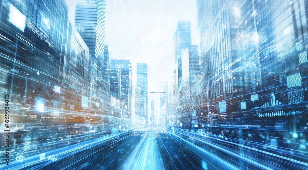 Fototapeta premium Futuristic city street, data streams