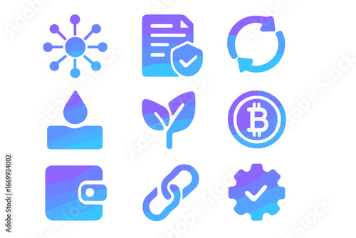 DeFi Gradient Icons Set. Gradient icons set of decentralized finance (DeFi) concepts: decentralized network, smart contract, token
