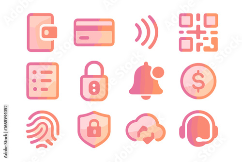 Digital Wallet Icons. Gradient icons set of digital wallet services: smartphone wallet, credit card, NFC symbol, QR code scanner,