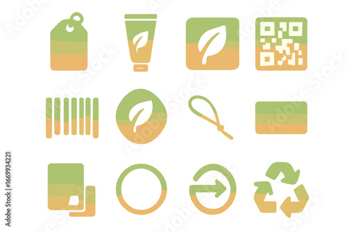 Eco-Friendly Icon Set. Gradient icons set of eco-friendly label and branding: kraft hang tag, soy ink tube, leaf stamp, QR code,