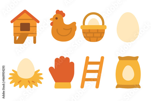 Egg Collection Fun. Flat vector mini-illustrations Collecting eggs from chicken coop in colors children's illustrations: chicken