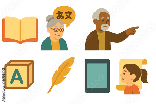Elders Teaching Youth. Flat vector mini-illustrations Elders teaching youth languages in colors children's illustrations: open