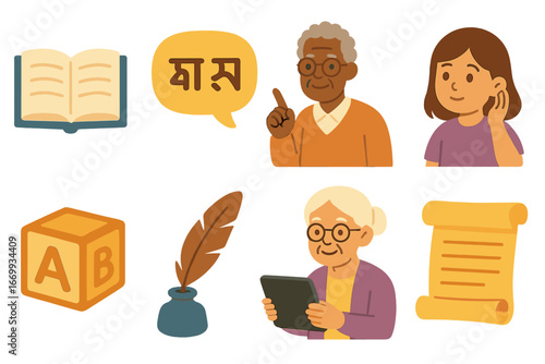 Elders Teaching Youth. Flat vector mini-illustrations Elders teaching youth languages in colors children's illustrations: open