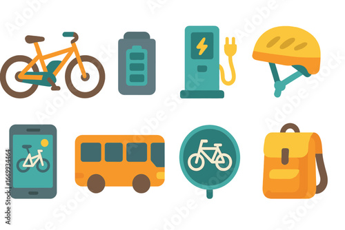 Electric Bike Commuting Icons. Flat vector mini-illustrations Electric bike urban commute in colors children's illustrations: