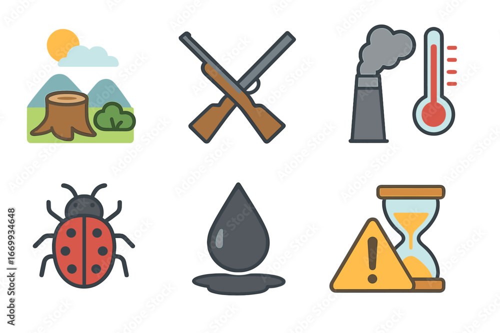 Fototapeta premium Extinction Causes Icons. Flat vector mini-illustrations Causes of extinction symbols in colors children's illustrations: habitat