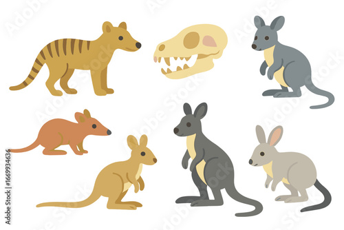 Extinct Marsupials Grid. Flat vector mini-illustrations Extinct marsupials in colors children's illustrations: thylacine,