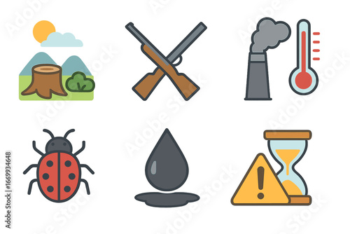 Extinction Causes Icons. Flat vector mini-illustrations Causes of extinction symbols in colors children's illustrations: habitat