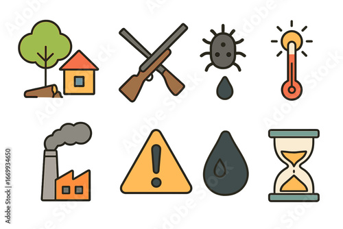 Extinction Causes Icons. Flat vector mini-illustrations Causes of extinction symbols in colors children's illustrations: habitat