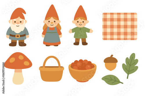 Fairy and Gnome Picnic. Flat vector mini-illustrations Fairy lantern stroll in mushroom grove in colors children's illustrations: