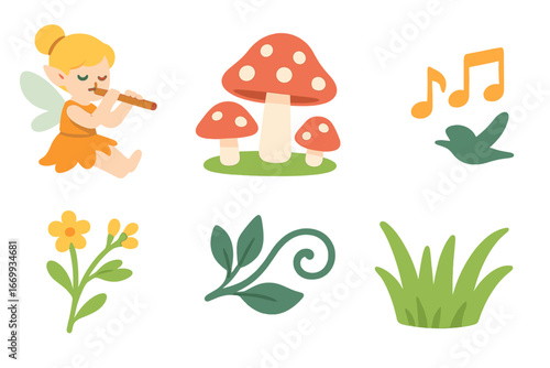 Fairy Flute Serenade. Flat vector mini-illustrations Fairy playing flute by mushrooms in colors children's illustrations: fairy