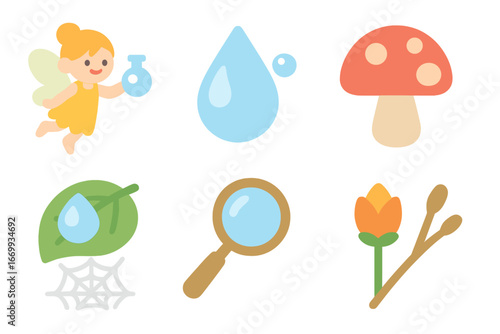 Fairy Dewdrop Gathering. Flat vector mini-illustrations Fairy collecting dewdrops on mushrooms in colors children's illustrations: