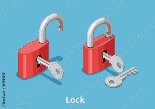 Two isometric red padlocks, one open with a key inserted, the other closed with a key lying nearby, against a blue background.