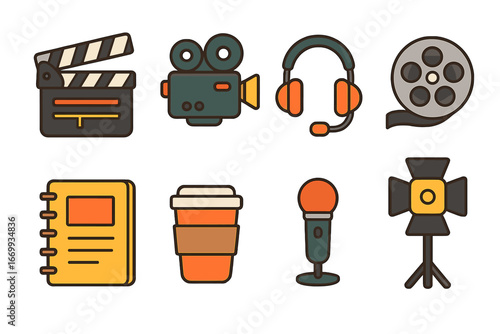 Film Set Icons. Flat vector mini-illustrations Behind-the-scenes BTS grid in colors children’s illustrations: clapboard, camera,
