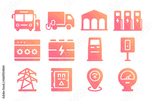 Fleet Charging Icons. Gradient icons set of fleet charging infrastructure: bus charger, truck charger, depot outline, multiple
