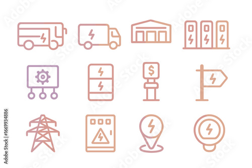 Fleet Charging Icons. Gradient icons set of fleet charging infrastructure: bus charger, truck charger, depot outline, multiple