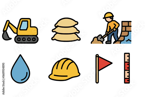 Flood Control Icons. Flat vector mini-illustrations Dam embankment reinforcement in colors children's illustrations: earth mover,