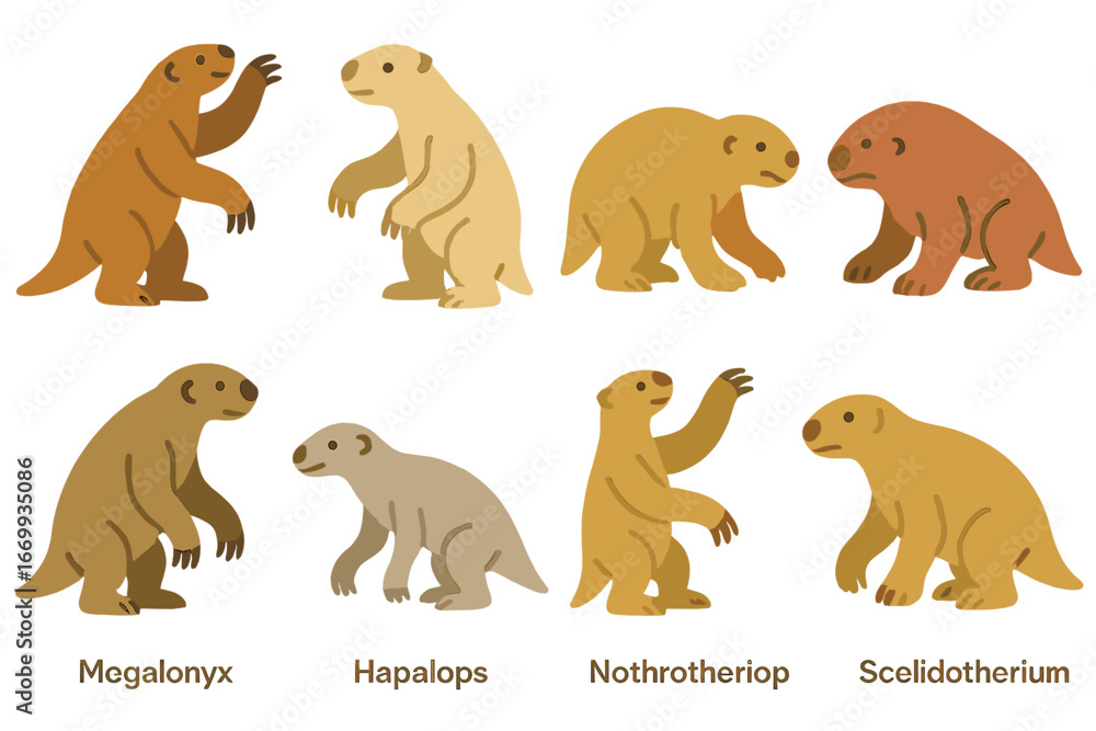 Obraz premium Giant Sloth Illustrations. Flat vector mini-illustrations Giant ground sloths in colors children's illustrations: Megatherium,