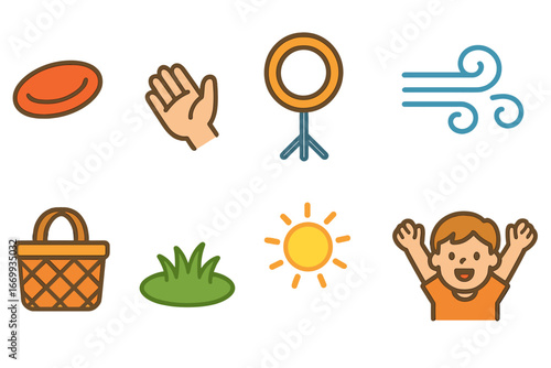 Frisbee Fun. Flat vector mini-illustrations Frisbee throwing contest in colors children's illustrations: frisbee disc,