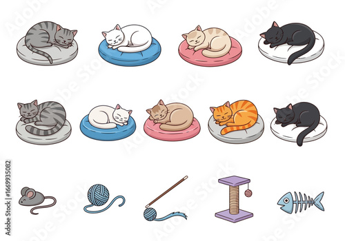 An array of cartoon cats sleeping on cushions, accompanied by cat toys and a scratching post.