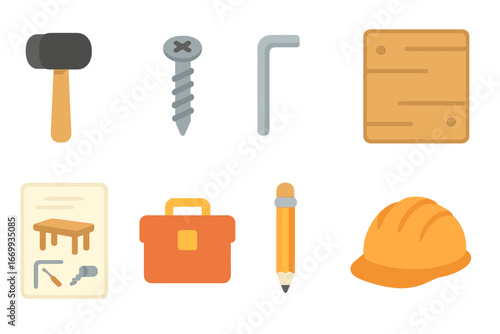 Furniture Assembly Tools. Flat vector mini-illustrations Furniture assembly project in colors children's illustrations: rubber