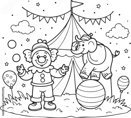Clown and elephant performing under circus tent show