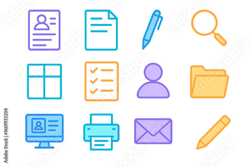 Gradient Resume Icon Set. Gradient icons set of resume and cover letter revamp: resume document, cover letter sheet, pen,