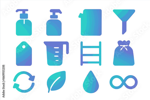 Gradient Refillable Icons. Gradient icons set of refillable product packaging: soap dispenser, shampoo pump, refill pouch, funnel,