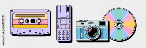 Retro pastel tech pack vector with cassette, flip phone, camera, and cd on white background