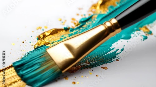 Teal and Gold Paint Strokes on White