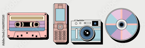 Pastel retro tech pack illustration with cassette, flip phone, camera, and cd on white background