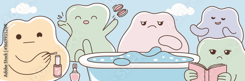 Pastel blob characters illustration with self care activities on light blue sky background