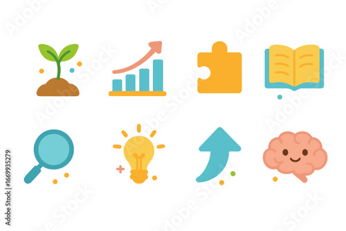 Growth Mindset Icons. Flat vector mini-illustrations Growth mindset concepts in colors children's illustrations: sprouting seed,