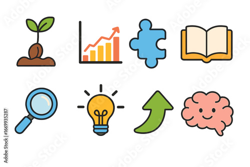 Growth Mindset Icons. Flat vector mini-illustrations Growth mindset concepts in colors children's illustrations: sprouting seed,