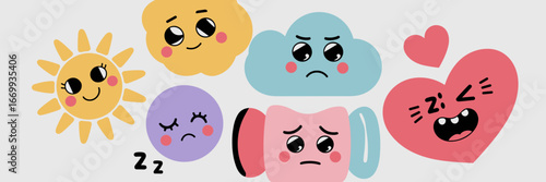 Kawaii pastel mood stickers with happy sad sleepy and excited emotions