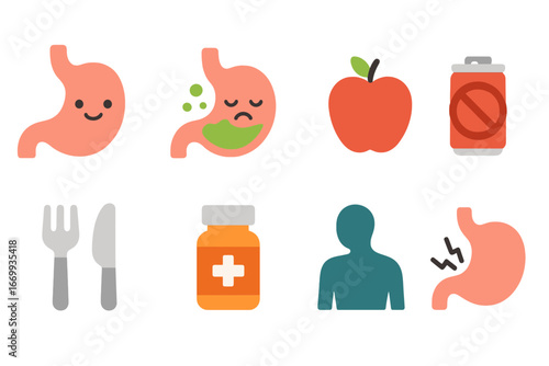 Healthy vs. Unhealthy Stomach. Flat vector mini-illustrations Healthy vs. unhealthy stomach in colors children's illustrations: