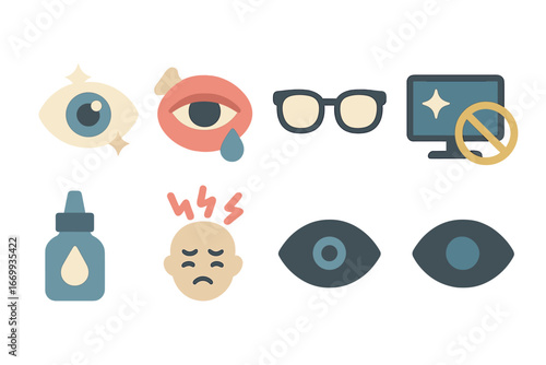 Healthy vs. Unhealthy Teeth and Eyes. Flat vector mini-illustrations Healthy vs. unhealthy teeth in colors children's
