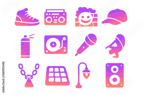 Hip-Hop Icon Set. Gradient icons set of hip-hop musical performances: sneakers, boombox, graffiti wall, baseball cap, spray can,