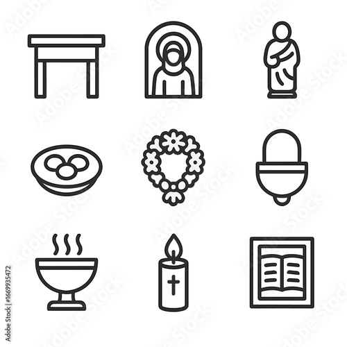 Home Altar Icon Set. Outline icon set of home altar elements: altar table, icon painting, statue figure, offering plate, flower