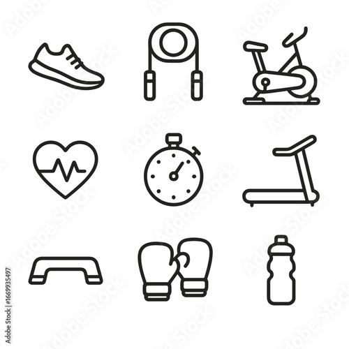 Home Cardio Icons. Outline icon set of home cardio exercises: running shoe, jump rope, stationary bike, treadmill, heart rate