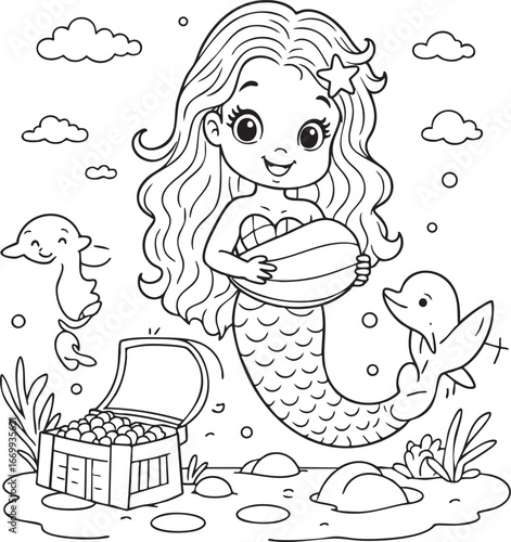 Mermaid holding a treasure chest with dolphins ocean