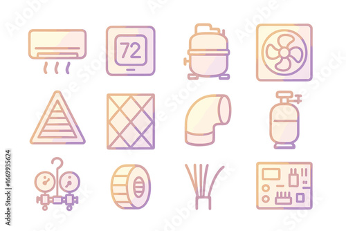 HVAC Essentials Icons. Gradient icons set of HVAC repair essentials: air conditioner unit, thermostat, compressor, condenser fan,