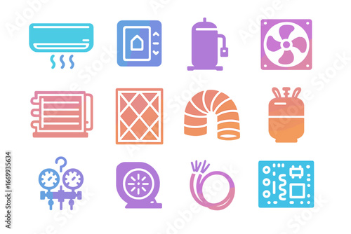 HVAC Essentials Icons. Gradient icons set of HVAC repair essentials: air conditioner unit, thermostat, compressor, condenser fan,