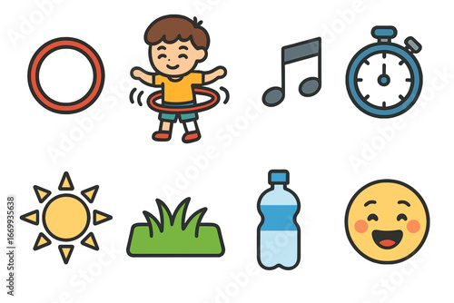 Hula Hoop Fun. Flat vector mini-illustrations Hula hoop challenge in colors children's illustrations: hula hoop, spinning child,