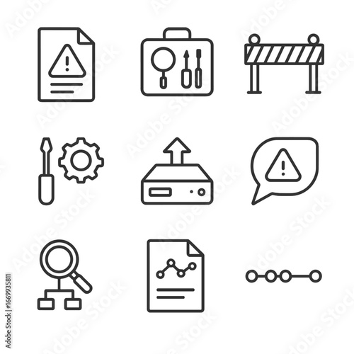 Incident Response Icons. Outline icon set of incident response workflows: incident report, forensics toolkit, containment barrier,
